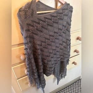 Gray Knit Poncho with Fringe